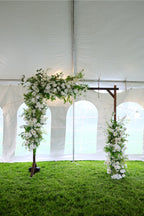 White & Green Ceremony with Wooden Arch