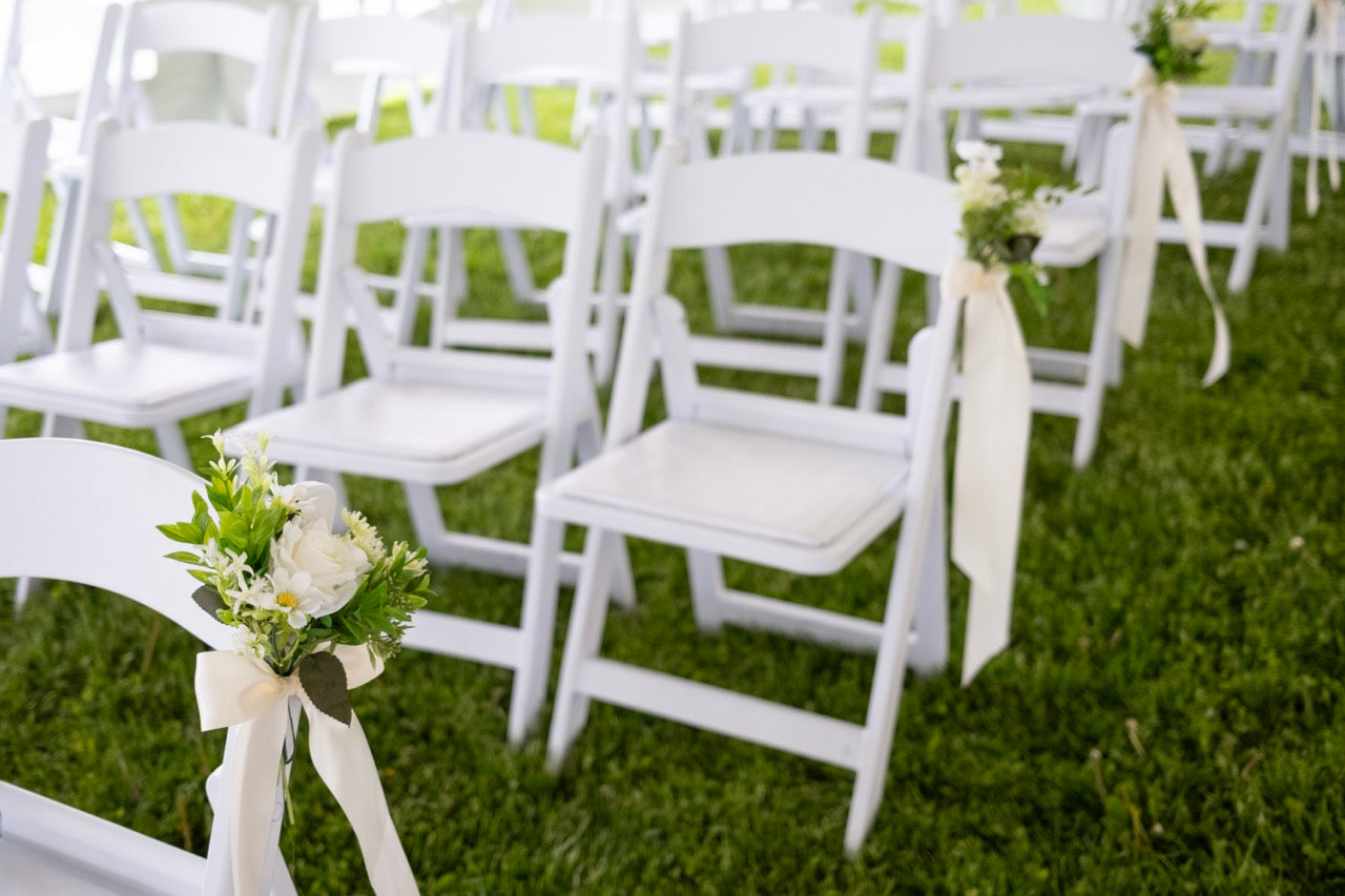 White & Green Ceremony with Wooden Arch